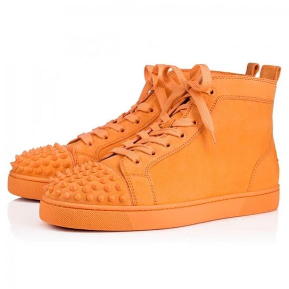 Christian Louboutin Lou Spikes Flat Melon Orange Suede High Top Sneaker 44 11 - Picture 1 of 15